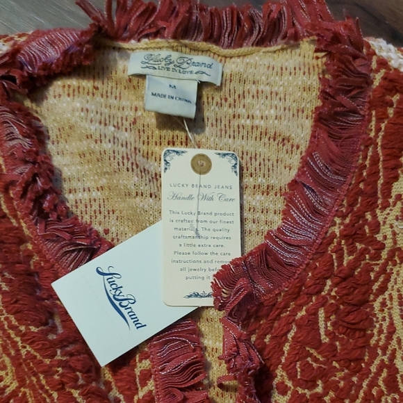 Lucky Brand Red and Cream Marled Pattern Fringe Trim Open Front Cropped Cardigan - Picture 3 of 10